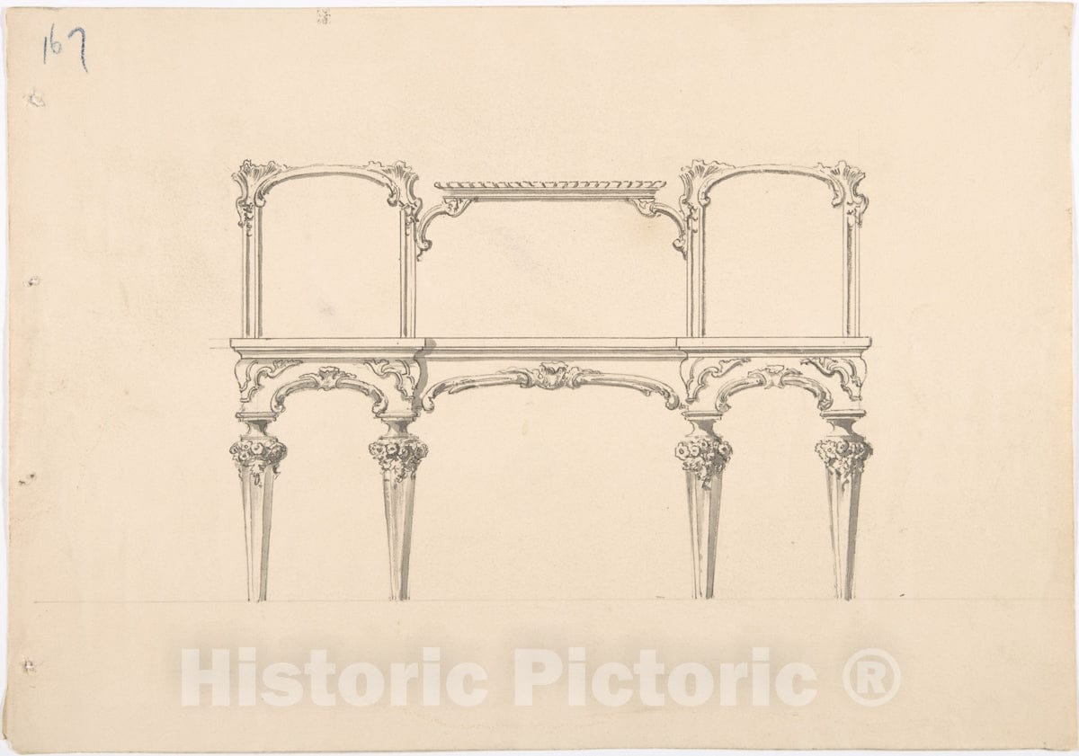 Art Print : British, 19th Century - Design for a Mirrored Sideboard with Diminishing Legs, Floral and Rocaille Ornament 2 : Vintage Wall Art