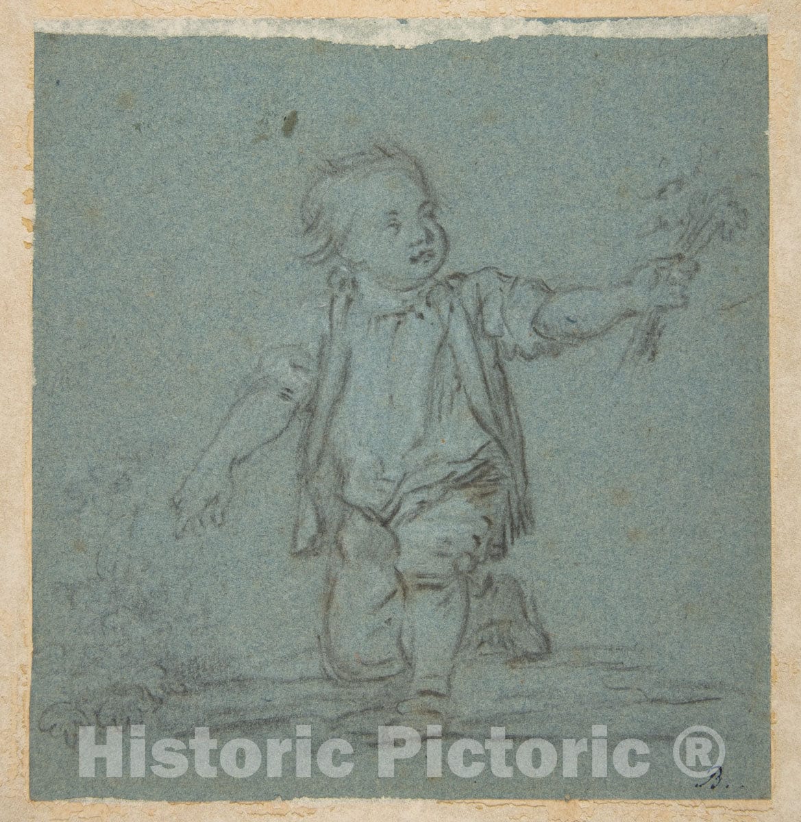 Art Print : French, 18th Century - Boy Holding Flowers : Vintage Wall Art
