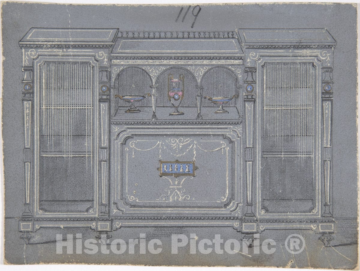 Art Print : British, 19th Century - Cabinet Design with a Porcelain Plaque : Vintage Wall Art