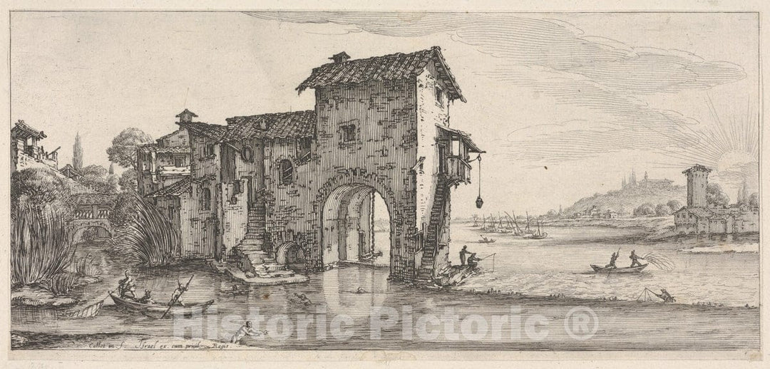 Art Print : Landscape with Water-Mill and Figures Fishing in Boat on The Left River on The Right - Artist: Jacques Callot - Created: c1618 : Vintage Wall Art