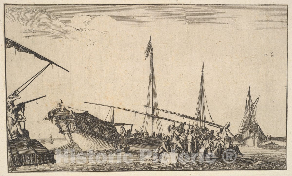 Art Print : A Rowboat Full of Men - Artist: Stefano Della Bella - Created: 1639 1 : Vintage Wall Art