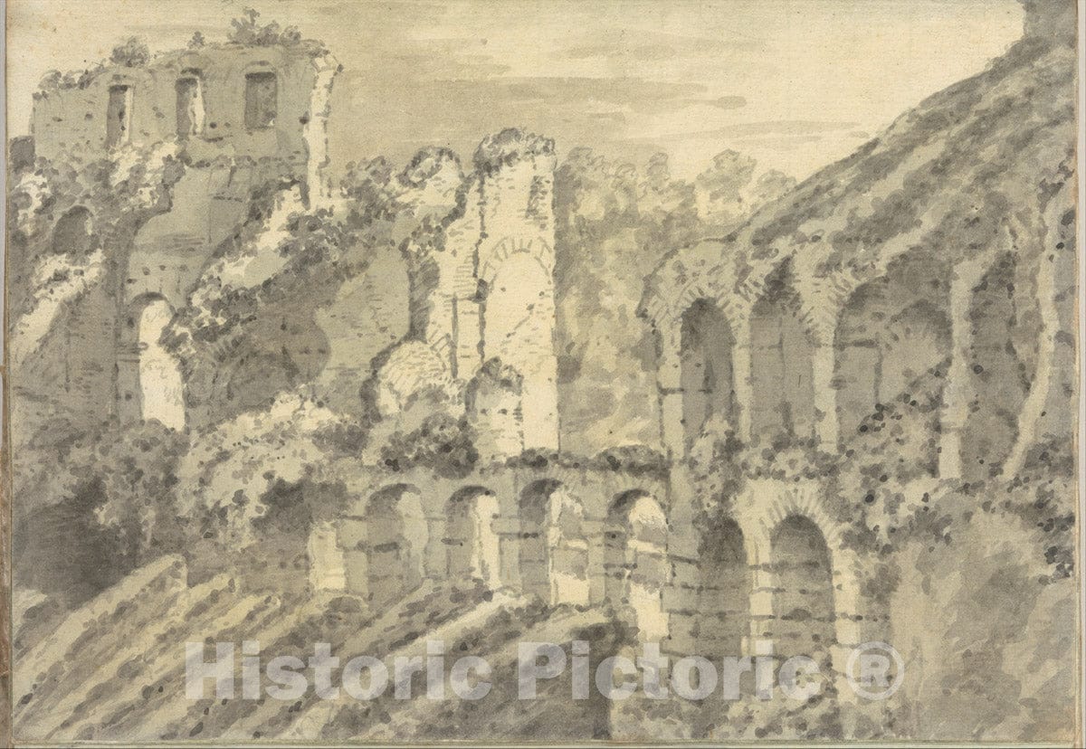 Art Print : Joseph Wright (Wright of Derby) - Roman Ruins: Part of The Colosseum (?) (Smaller Italian Sketchbook, Leaf 11 Recto) : Vintage Wall Art