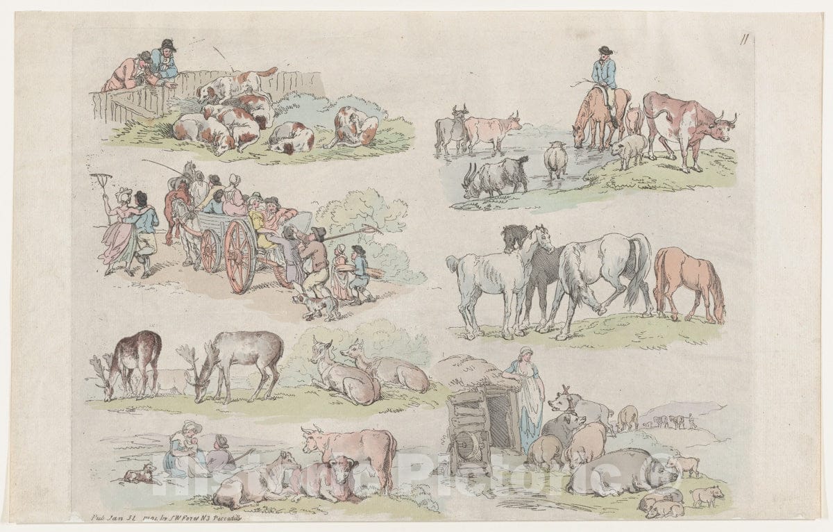 Art Print : Thomas Rowlandson - Outline of Figures and Animals : Vintage Wall Art