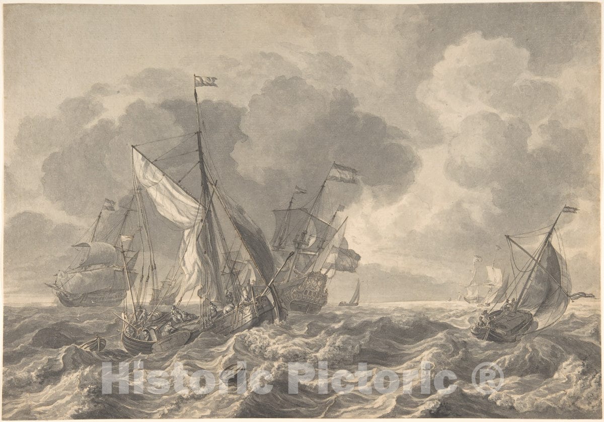 Art Print : Ludolf Bakhuizen - Ships in a Stormy Sea : Vintage Wall Art