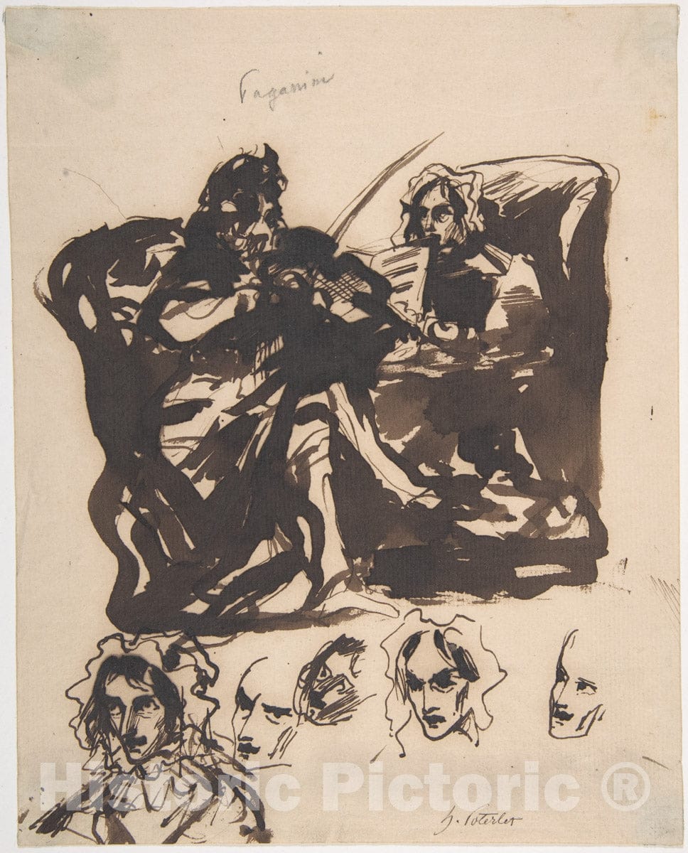 Art Print : Henri-Louis-Hippolyte Poterlet - Paganini Playing and Studies of Heads : Vintage Wall Art