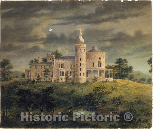 Art Print : Alexander Jackson Davis - Ericstan, for John J. Herrick, Tarrytown, New York (Perspective) : Vintage Wall Art