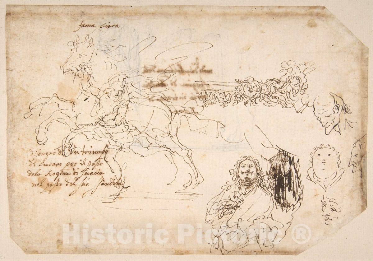 Art Print : Giovanni Paolo (Johan Paul) Schor - Sheet of Sketches: Sculpture for a Banquet Honoring Queen Christian of Sweden. : Vintage Wall Art