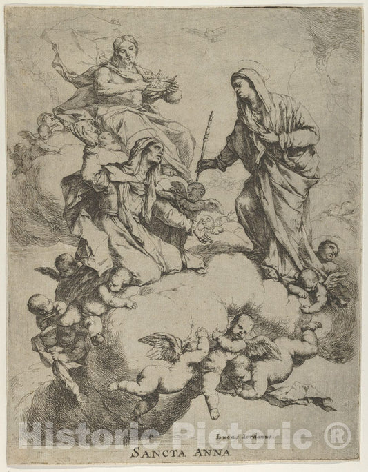 Art Print : Luca Giordano - Christ Holding a Crown and The Virgin Receiving St. Anne in Heaven : Vintage Wall Art