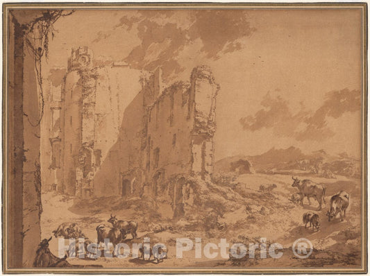 Art Print : Nicolaes Berchem - Italianate Landscape with The Ruins of Brederode Castle : Vintage Wall Art