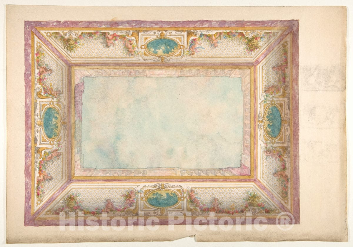 Art Print : Jules-Edmond-Charles Lachaise - Design for a Ceiling with Trompe L'Oeil Balustrade and putti : Vintage Wall Art