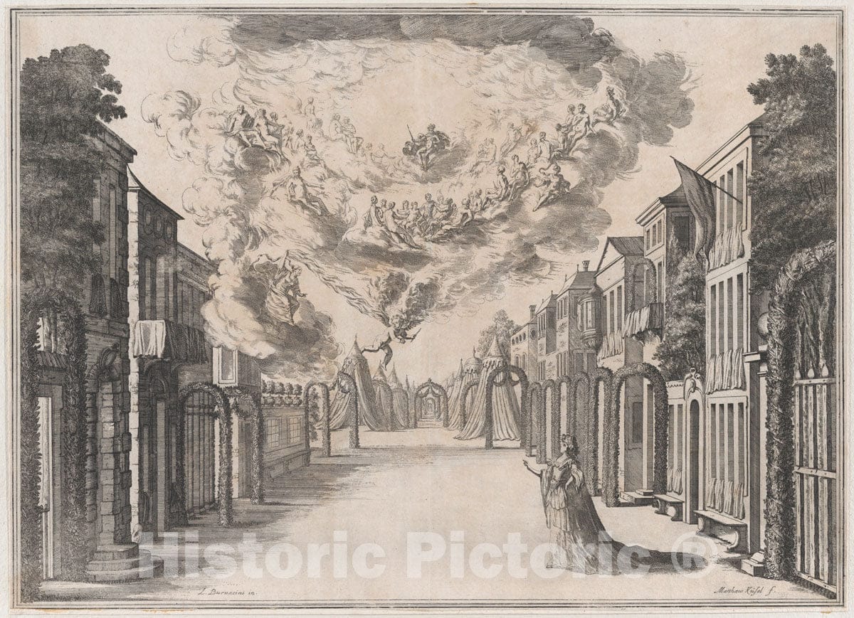 Art Print : Mathäus Küsel - A Woman Standing on an Empty Street, Gazing up at The Olympian Gods in The Sky; Set Design from 'Il Fuoco Eterno' : Vintage Wall Art
