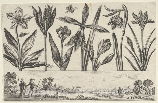 Art Print : Nicolas Cochin - Horizontal Panel with a Row of Flowers Above a Frieze with Figures in a Landscape, from Livre Nouveau de Fleurs Tres-Util : Vintage Wall Art