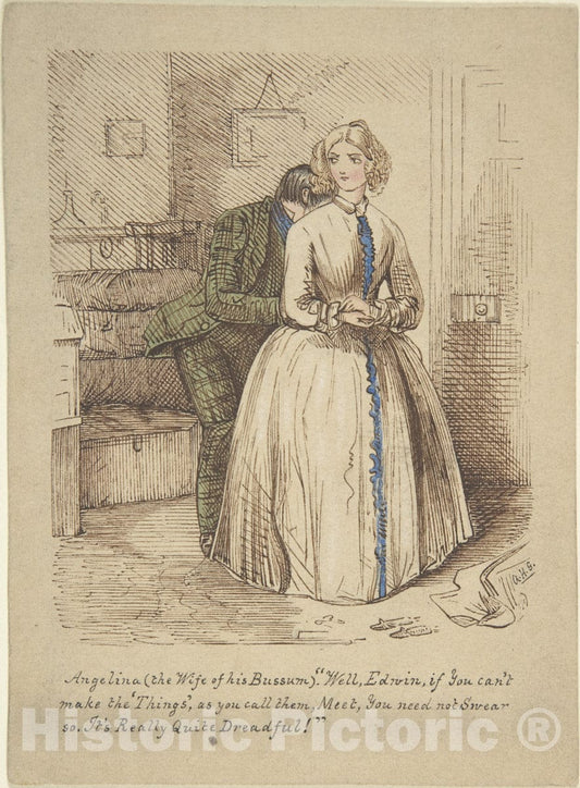 Art Print : John Leech - Design for Hooking and Eyeing, a Wood Engraving published in Punch (Recto); Sketch of Two Women and a Man (Verso) : Vintage Wall Art