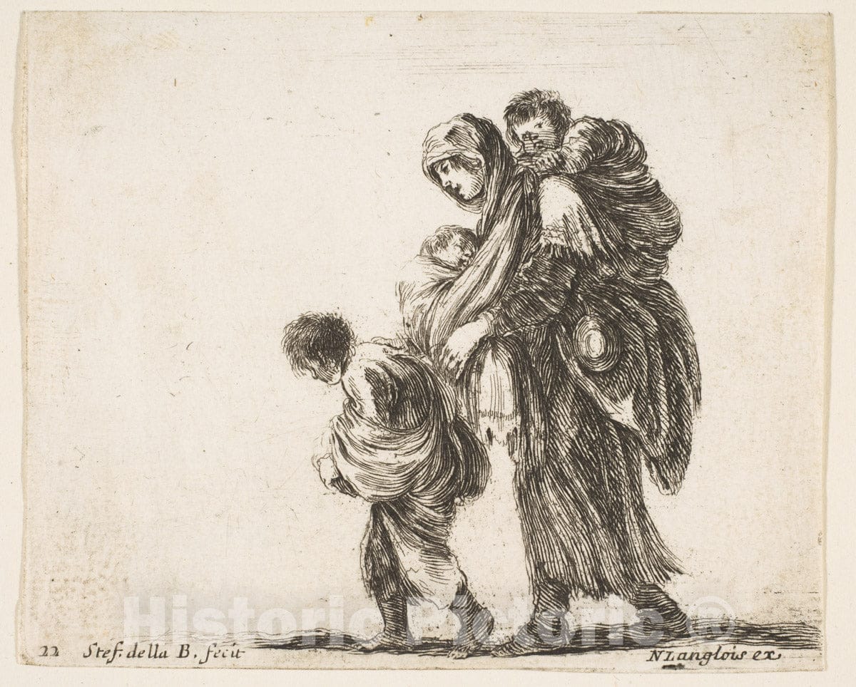 Art Print : Plate 22: a Beggar Woman with Three Children - Artist: Stefano Della Bella - Created: c1644 2 : Vintage Wall Art