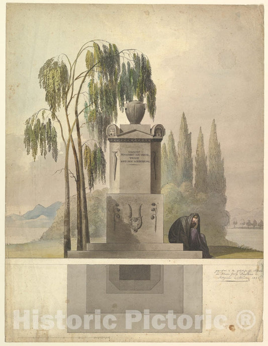 Art Print : Johann Georg Dürschner - Design for a Tomb, Rothgeisser in Nuremberg (Elevation and Ground Plan) : Vintage Wall Art