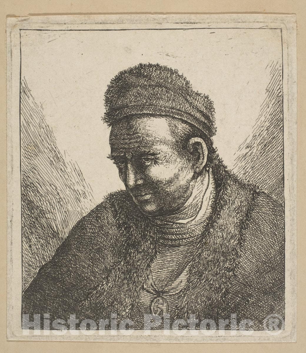 Art Print : David Deuchar - Beardless Man in Fur Cloak and Cap: Bust : Vintage Wall Art