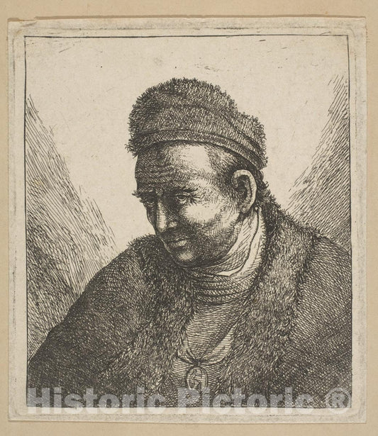 Art Print : David Deuchar - Beardless Man in Fur Cloak and Cap: Bust : Vintage Wall Art