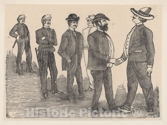 Art Print : José Guadalupe Posada - Two Men Shaking Hands in The Foreground and Officers Watching Them in The Background : Vintage Wall Art