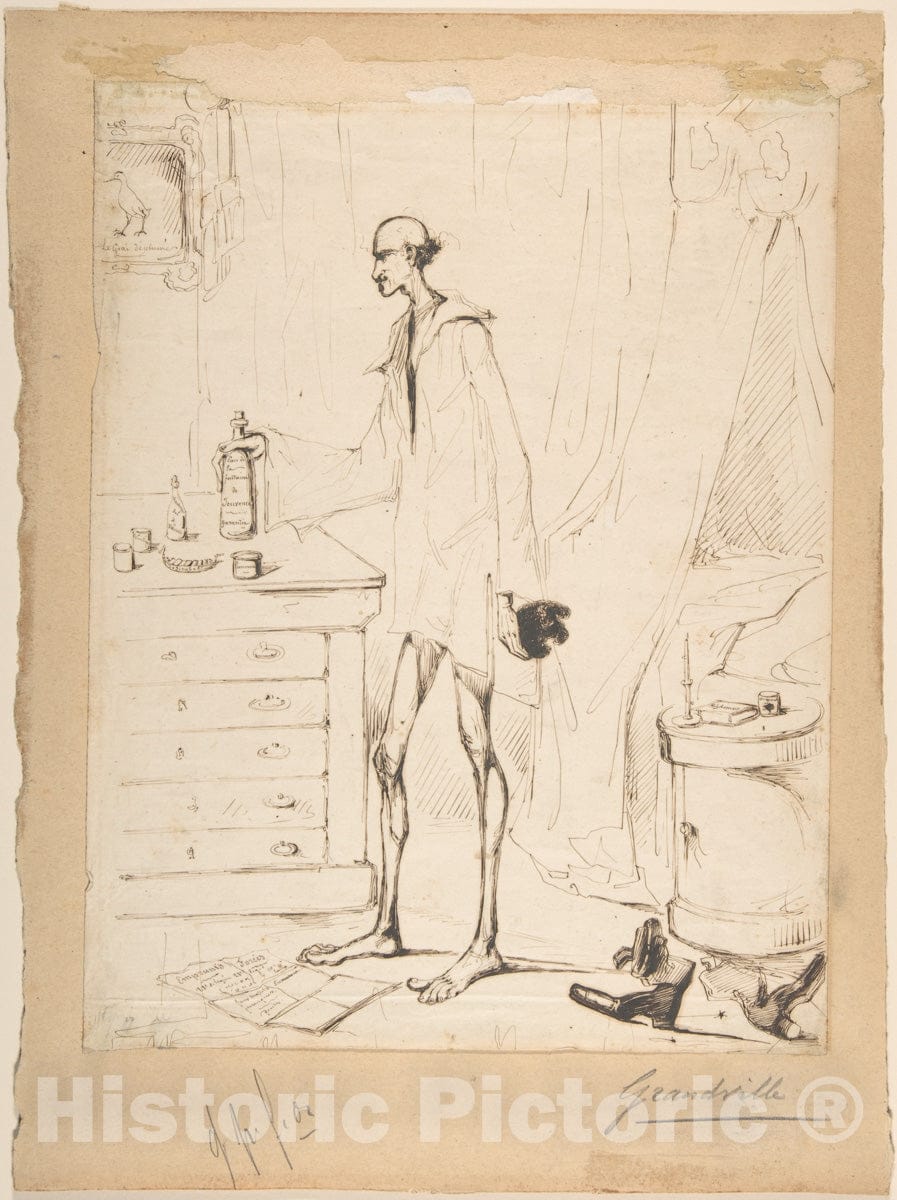 Art Print : J. J. Grandville - Man in a Nightshirt Reaching for a Bottle Labeled Fountain of Youth : Vintage Wall Art