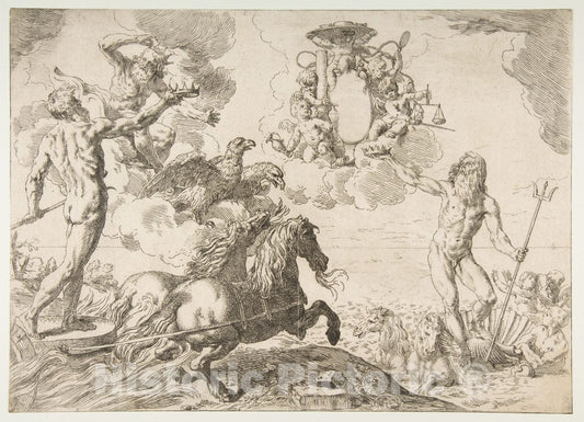 Art Print : Simone Cantarini - Jupiter, Neptune, and Pluto offering Their Crowns to The arms of Cardinal Borghese 2 : Vintage Wall Art