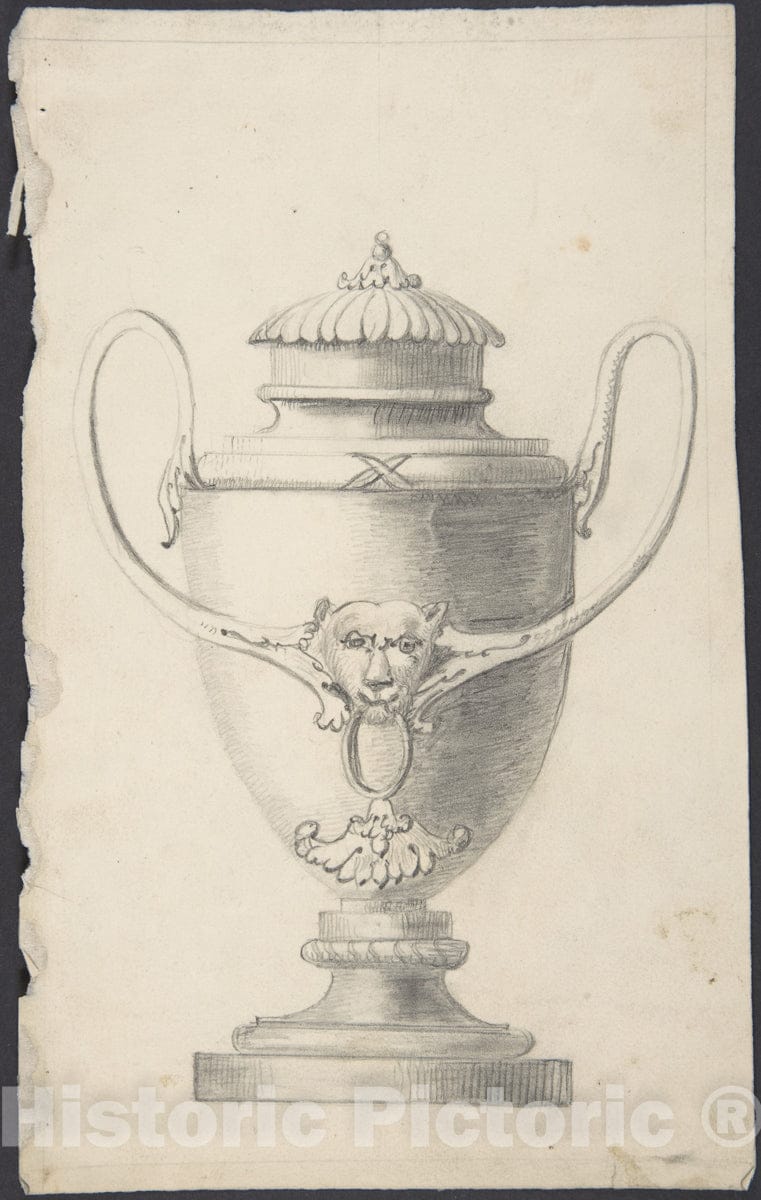 Art Print : British, 19th Century - Design for a Lidded Vase with Lion's Head Boss : Vintage Wall Art