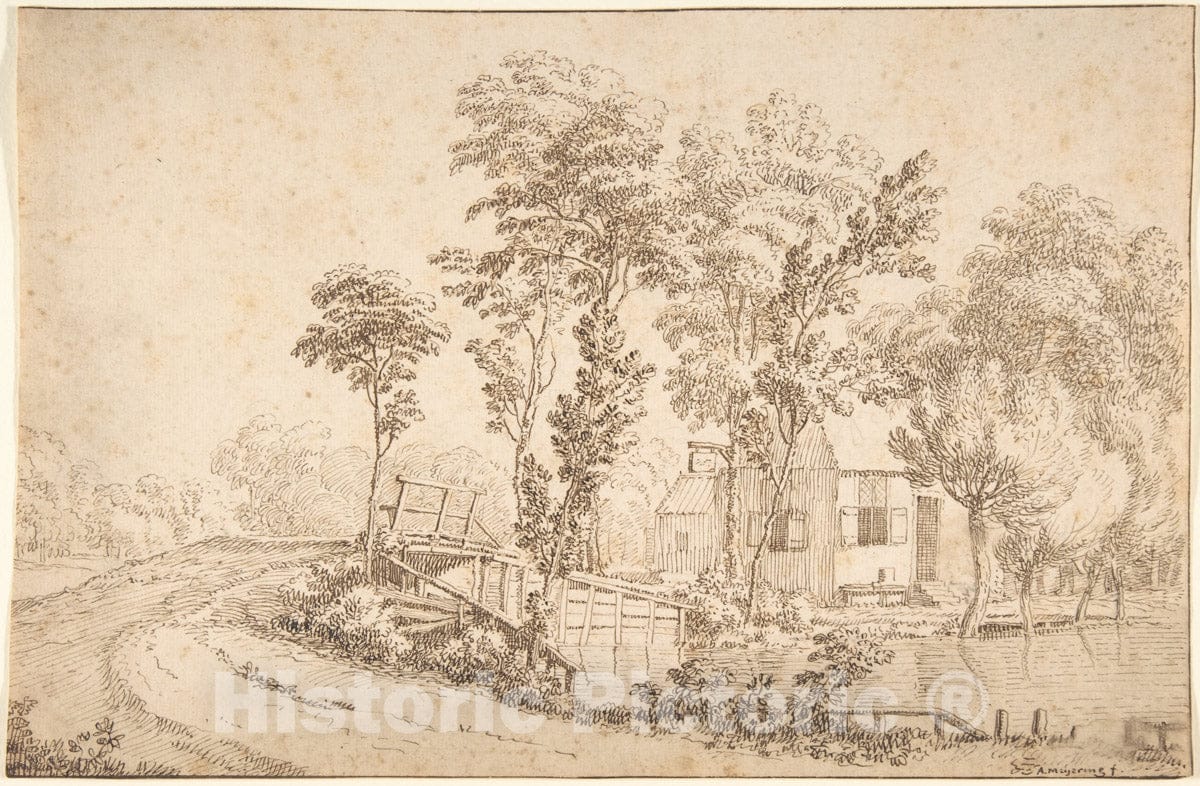Art Print : Albert Meyeringh - Landscape with a House Near a Bridge Over a River : Vintage Wall Art