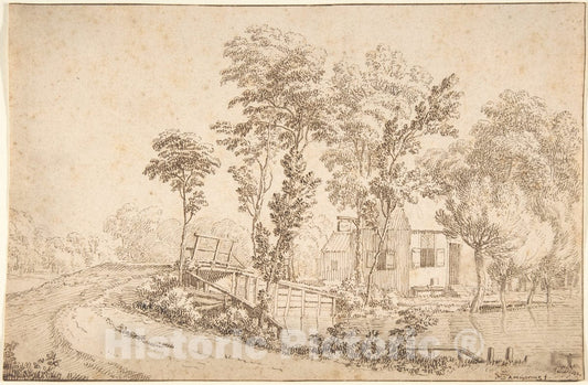 Art Print : Albert Meyeringh - Landscape with a House Near a Bridge Over a River : Vintage Wall Art