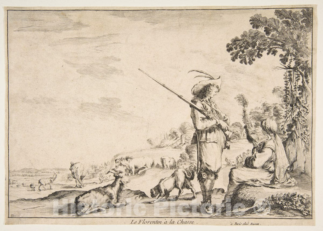 Art Print : Etched by Stefano Della Bella - Le Florentin à la Chasse : Vintage Wall Art