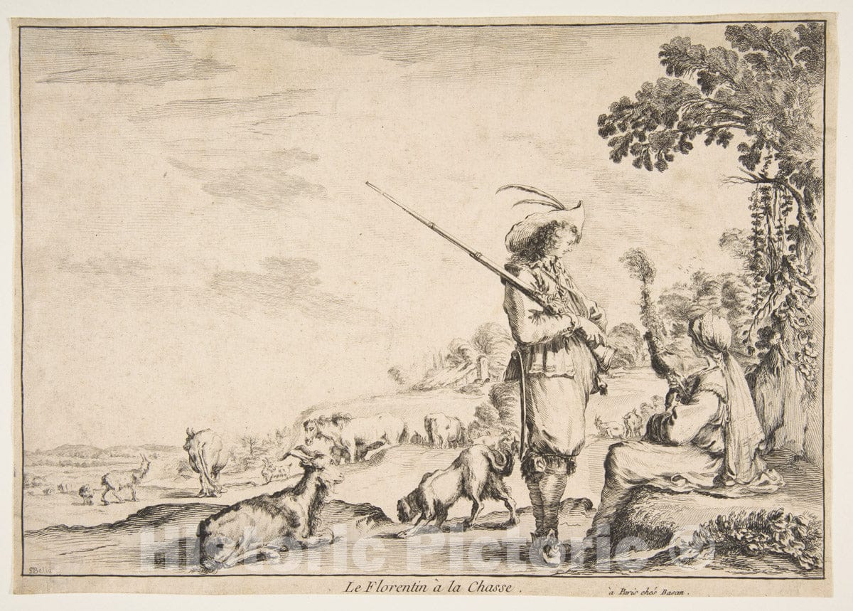 Art Print : Etched by Stefano Della Bella - Le Florentin à la Chasse : Vintage Wall Art