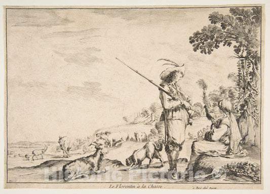 Art Print : Etched by Stefano Della Bella - Le Florentin à la Chasse : Vintage Wall Art