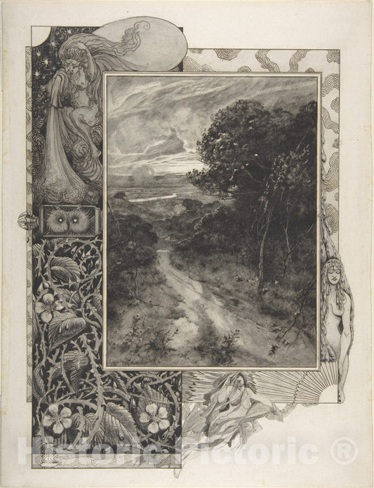 Art Print : William Hyde - Illustration of a Landscape with a Thorn Border : Vintage Wall Art