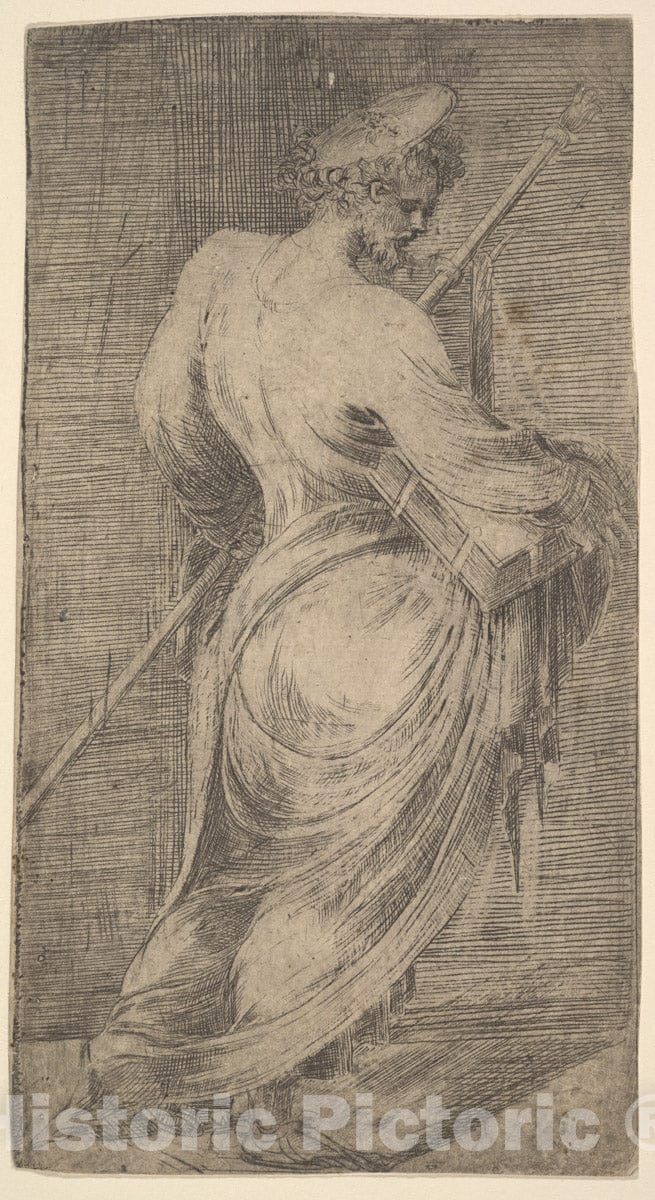 Art Print : Andrea Schiavone (Andrea Meldola) - Saint James Major Holding a Staff and a Book Facing Right, from 'Christ and The Apostles' : Vintage Wall Art