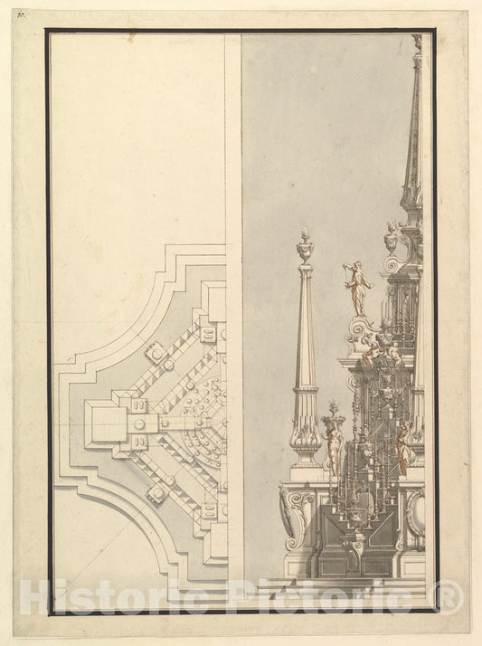 Art Print : Workshop of Giuseppe Galli Bibiena - Half Ground Plan, Half Elevation for a Catafalque for a Duchess de Berri : Vintage Wall Art