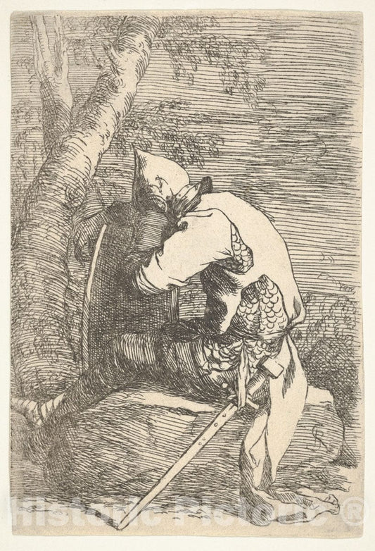 Art Print : Salvator Rosa - A Sleeping Warrior Seated on a Rock and Leaning on his Shield, from The Series 'Figurine' : Vintage Wall Art