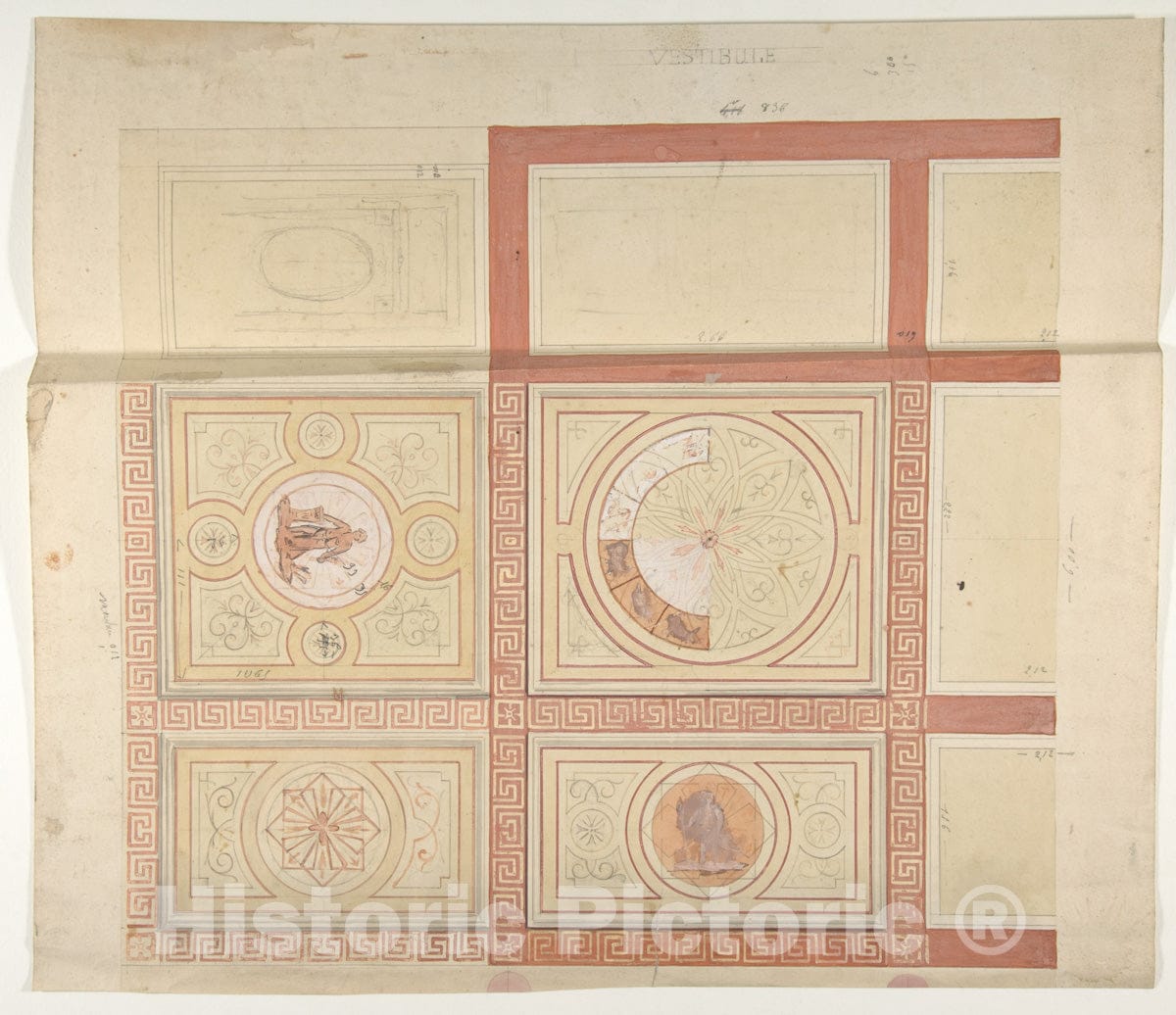 Art Print : Jules-Edmond-Charles Lachaise - Design for The Decoration of The Ceiling of a Vestibule in Painted Panels with Roman Key Borders : Vintage Wall Art