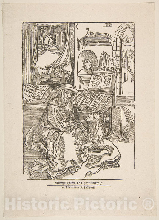 Art Print : Albrecht Dürer - Saint Jerome Extracting a Thorn from The Lion's Foot, 19th Century : Vintage Wall Art