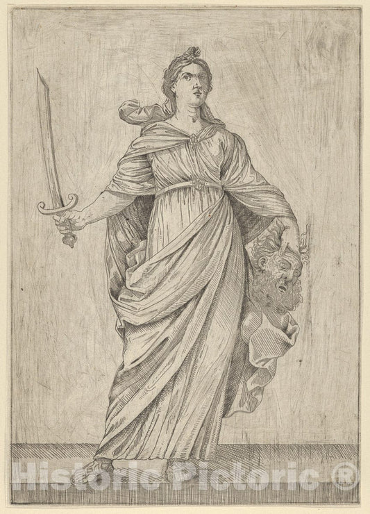 Art Print : Anonymous - Judith Standing on a Ledge Holding The Head of Holofernes in her Left Hand and a Sword in her Right : Vintage Wall Art