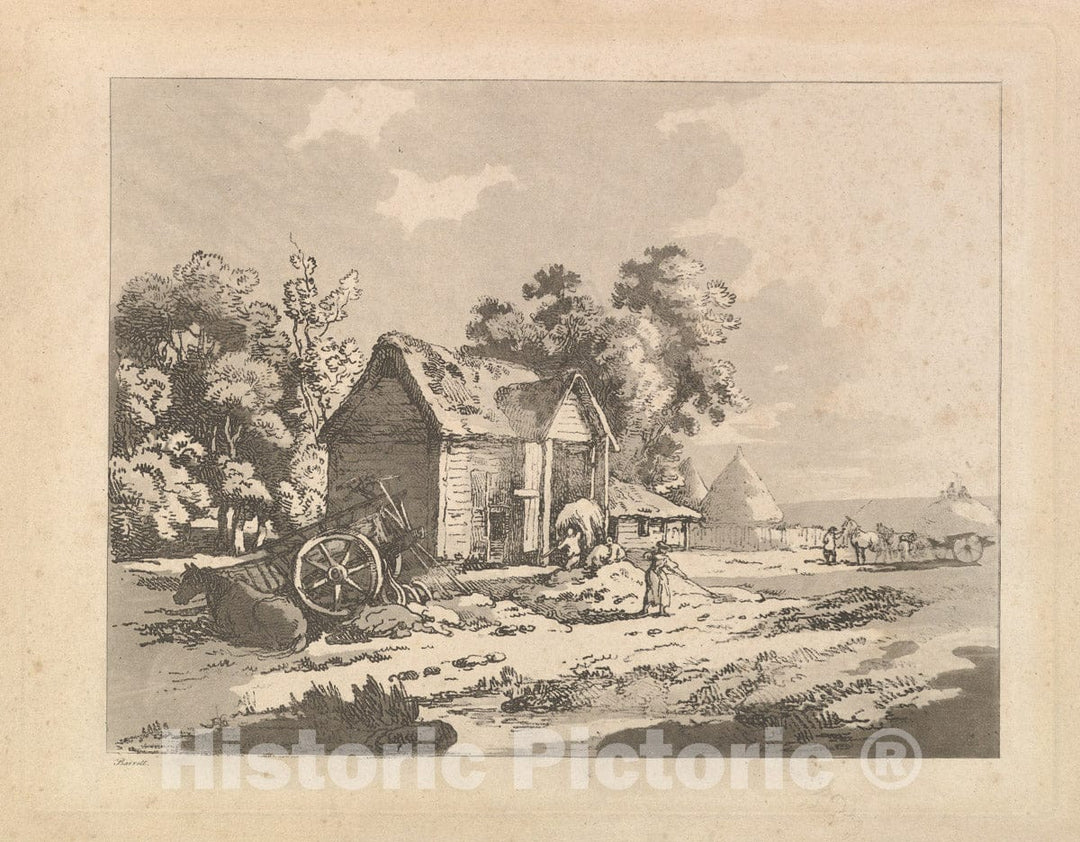 Art Print : Thomas Rowlandson - Landscape with Figures Storing Hay in a Barn, a Cart and Horse Lying Down at Left : Vintage Wall Art