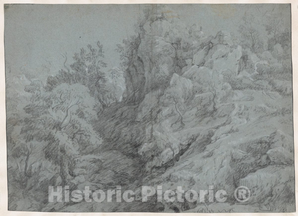 Art Print : Raphael Lamar West - A Wooded and Rocky Landscape : Vintage Wall Art