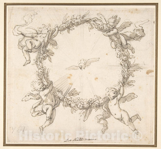 Art Print : Giovanni Battista Merano - The Holy Spirit Surrounded by a Wreath of Flowers Held up by Infant Angels : Vintage Wall Art