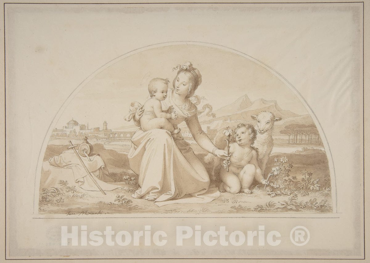 Art Print : Tommaso Minardi - The Virgin and Child with The Infant John The Baptist and a Lamb in a Landscape : Vintage Wall Art