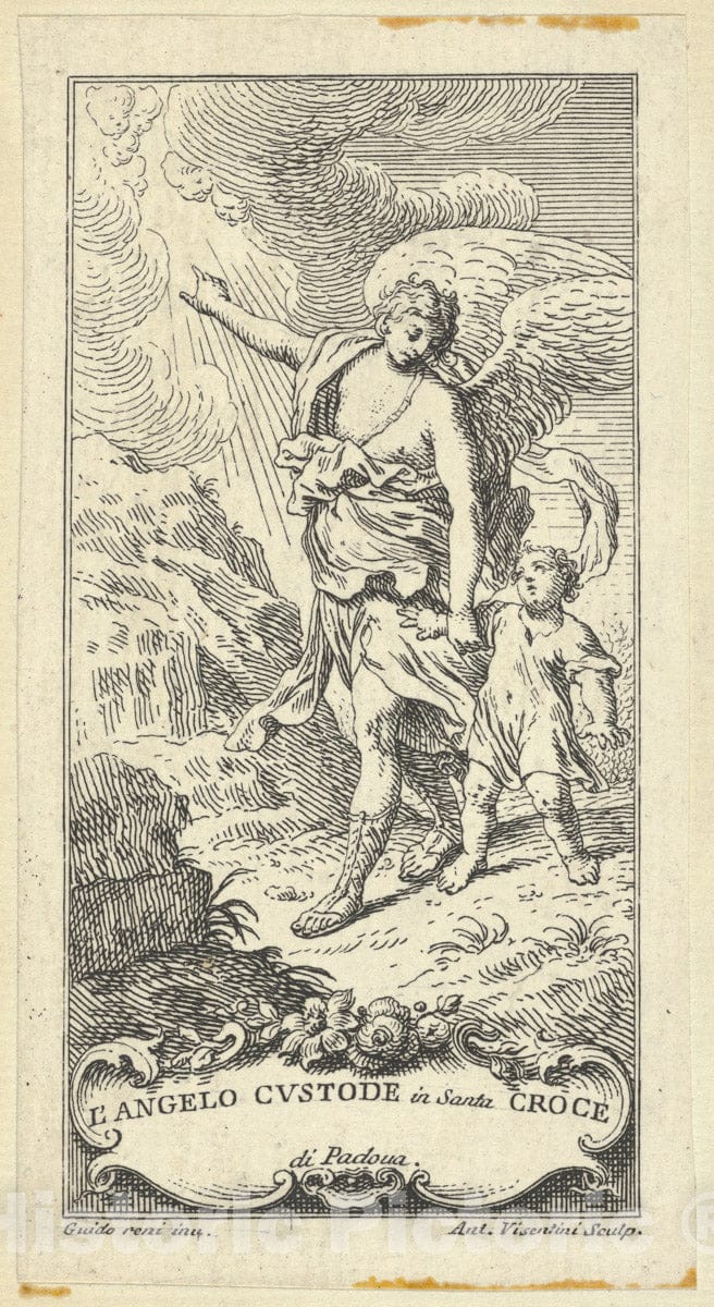 Art Print : Engraved by Antonio Maria Visentini - an Angel Leading a Young boy and Gesturing to The Clouds : Vintage Wall Art