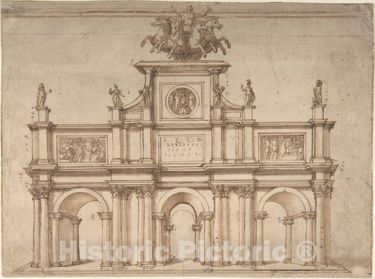 Art Print : Italian, 16th Century - Design for a Triumphal Arch with Three Arches : Vintage Wall Art