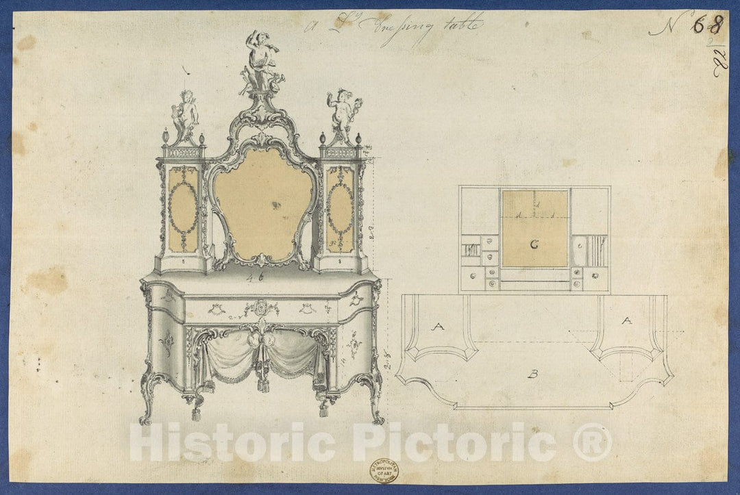Art Print : Thomas Chippendale - A Lady's Dressing Table, from Chippendale Drawings, Vol. II : Vintage Wall Art