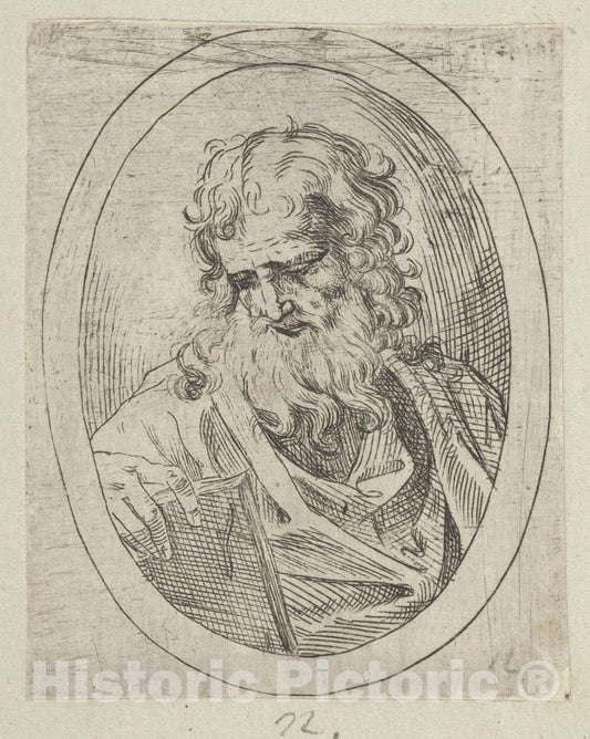 Art Print : 17th Century - an Apostle with a Long Beard Looking Down at an Open Book, in an Oval Frame, from Christ, The Virgin, and Thirteen Apostles 1 : Vintage Wall Art