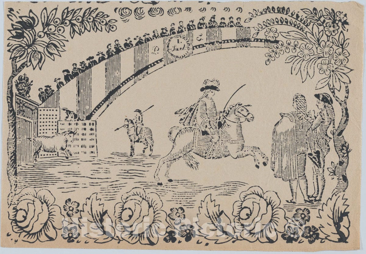 Art Print : Anonymous, Spanish 19th Century - Suerte I: Bull Entering The bullring After a Law Officer on Horseback; Two Toreros Standing to Right : Vintage Wall Art