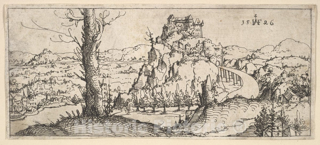 Art Print : Augustin Hirschvogel - Landscape with High Rocks and Fortresses : Vintage Wall Art