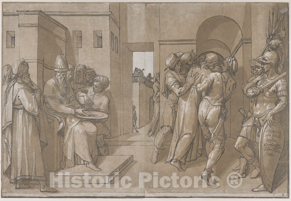 Art Print : Andrea Andreani - Pilate at The Left Washing his Hands (Left Side of Sheet) : Vintage Wall Art