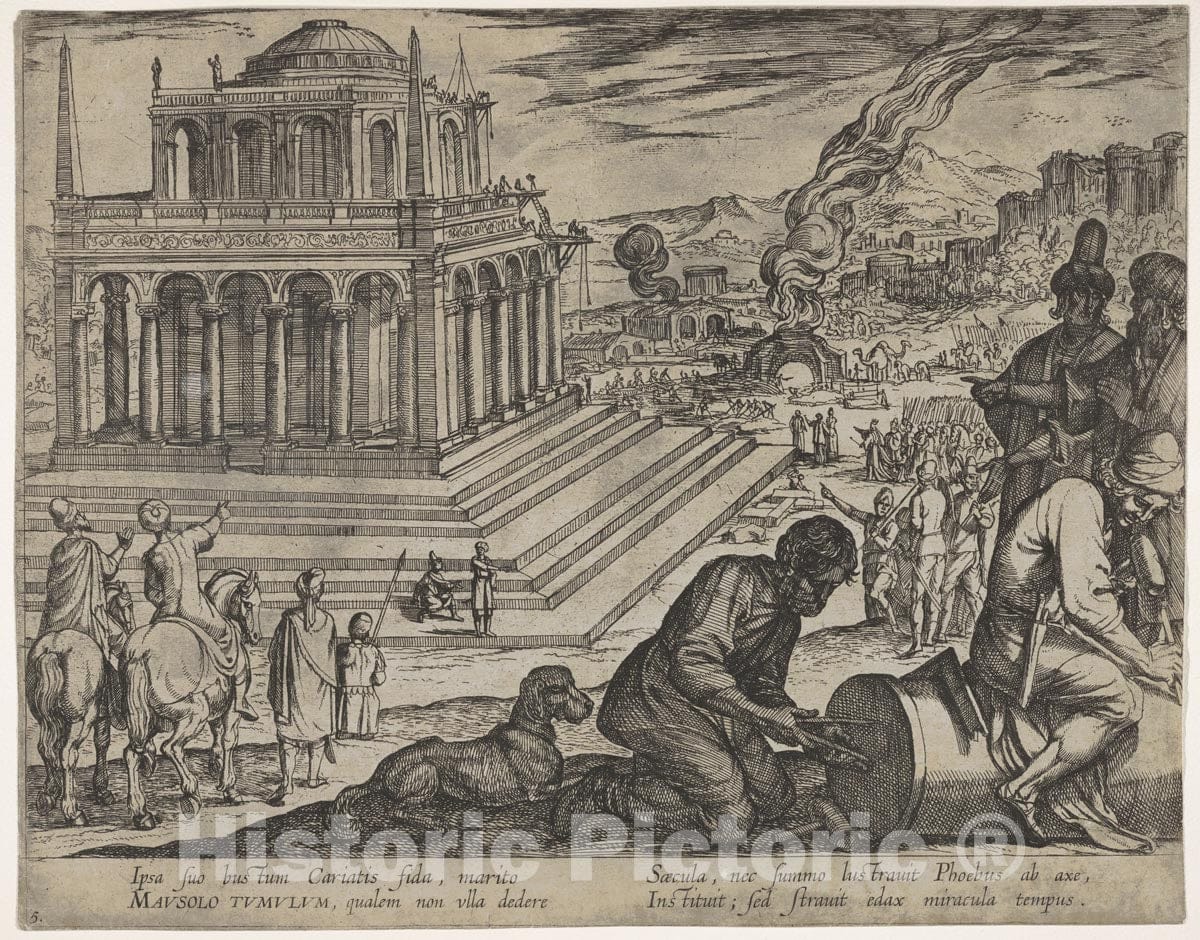 Art Print : Antonio Tempesta - Plate 5: Tomb of Mausolus, Stone Masons Make a Column at The Right, from The Seven Wonders of The World : Vintage Wall Art