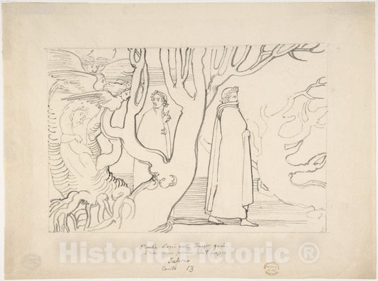 Art Print : John Flaxman - Dante and Virgil in the Suicidal Wood (Inferno, Canto 13, verses 22-23) : Vintage Wall Art